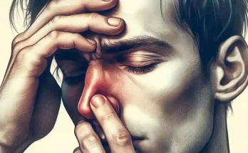 natural remedies for sinus infection - aquarelle of a man suffering with sinusitis - touching his forehead and nose, with a painful look on his face