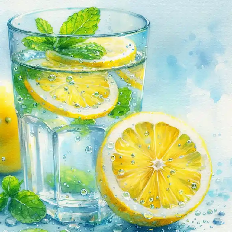 A glass of clear water with slices of fresh yellow lemon and sprigs of green mint floating on top. Lemon Water for Kidney Detox