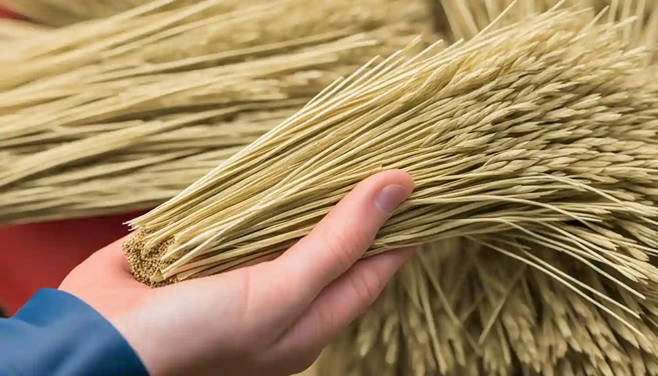 Benefits of Oat Straw Tea - A close-up image of a hand holding a bundle of oat straw with a safety symbol in the background.
