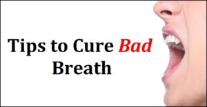 woman breathing with open mouth and text about cure bad breath